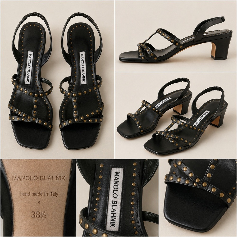 Manolo Blahnik Black Studded Leather Strappy Square Toe Block Heel Sandals 38.5
